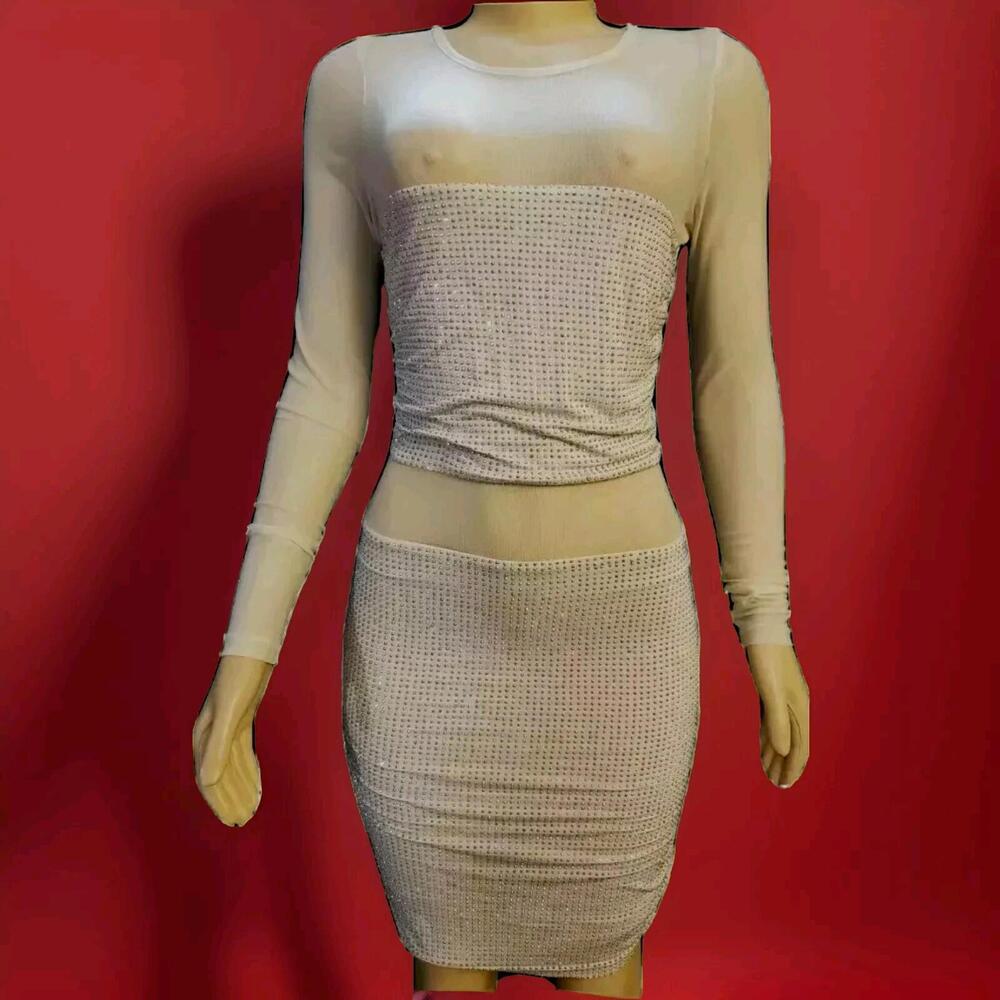 SHERI BODELL Embellished MESH Bodycon WOMEN'S CREAM  DRESS SIZE XS NEW!